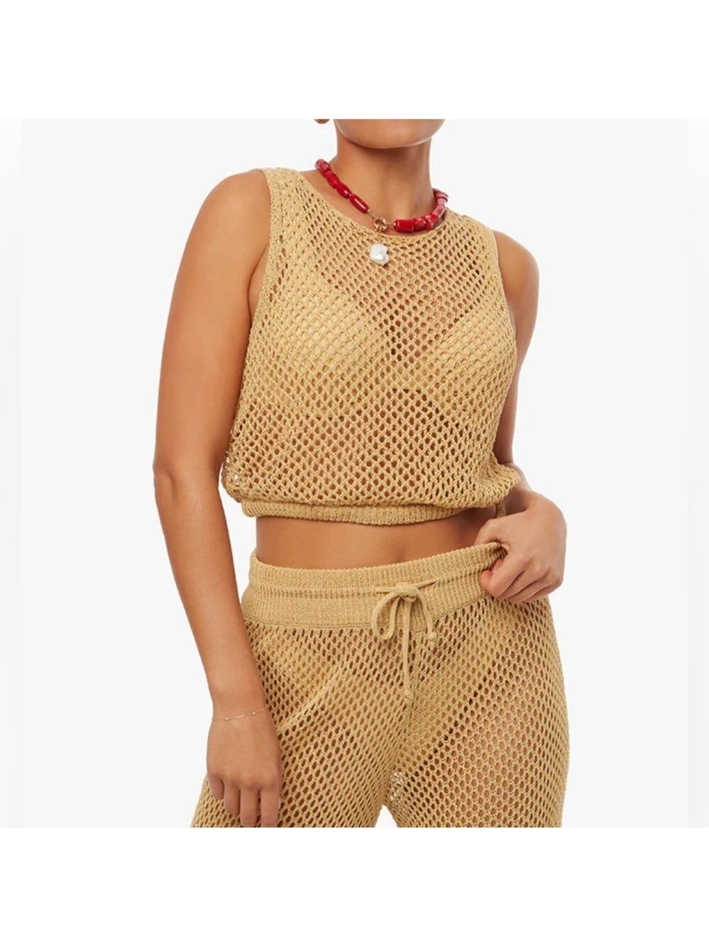 WeWoreWhat Crochet top cover up tank sleeveless desert tan size medium NWT